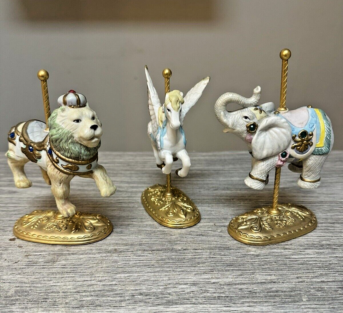 Scarborough Fair Lion, Horse, And Elephant Porcelain  Carousel Figurines