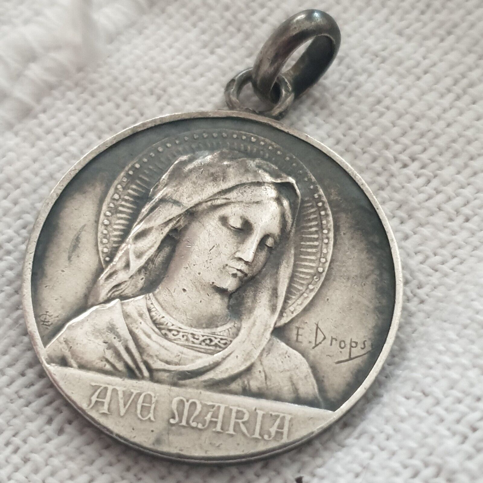 E. Dropsy Art Nouveau Signed Ave Maria Solid Silver Religious Medal ca 1900