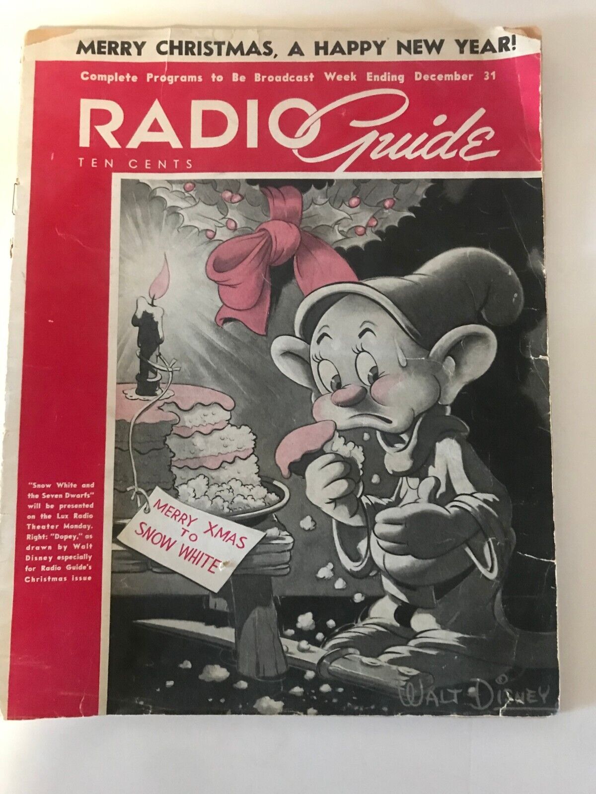 Radio Guide Magazine Dec 1938 WALT DISNEY DRAWING on cover-DOPEY/SNOW WHITE