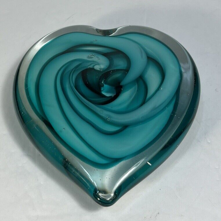 VTG Seguso Viro Heavy Clear Teal Aqua Swirl ART Glass Heart PAPERWEIGHT Italy