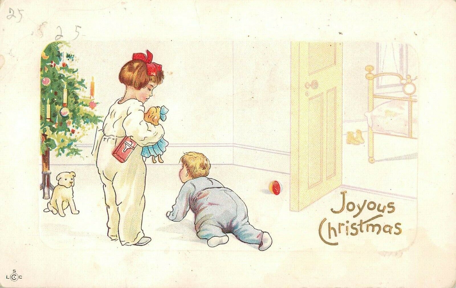 Girl Baby Dog Vintage Christmas Postcard LSC Candles Bow Bed Joyous 259E