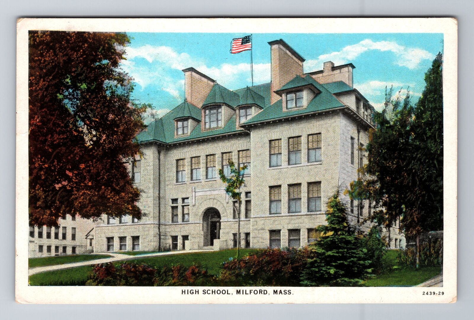 Milford MA-Massachusetts, High School Building, Antique Vintage Postcard
