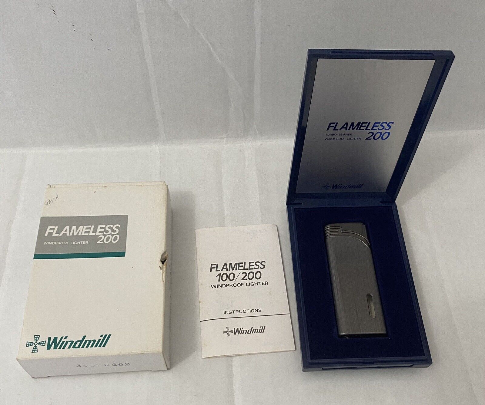 Windmill Flameless 200 Lighter Vintage New In Box Thin Slim Gray Silver Gunmetal