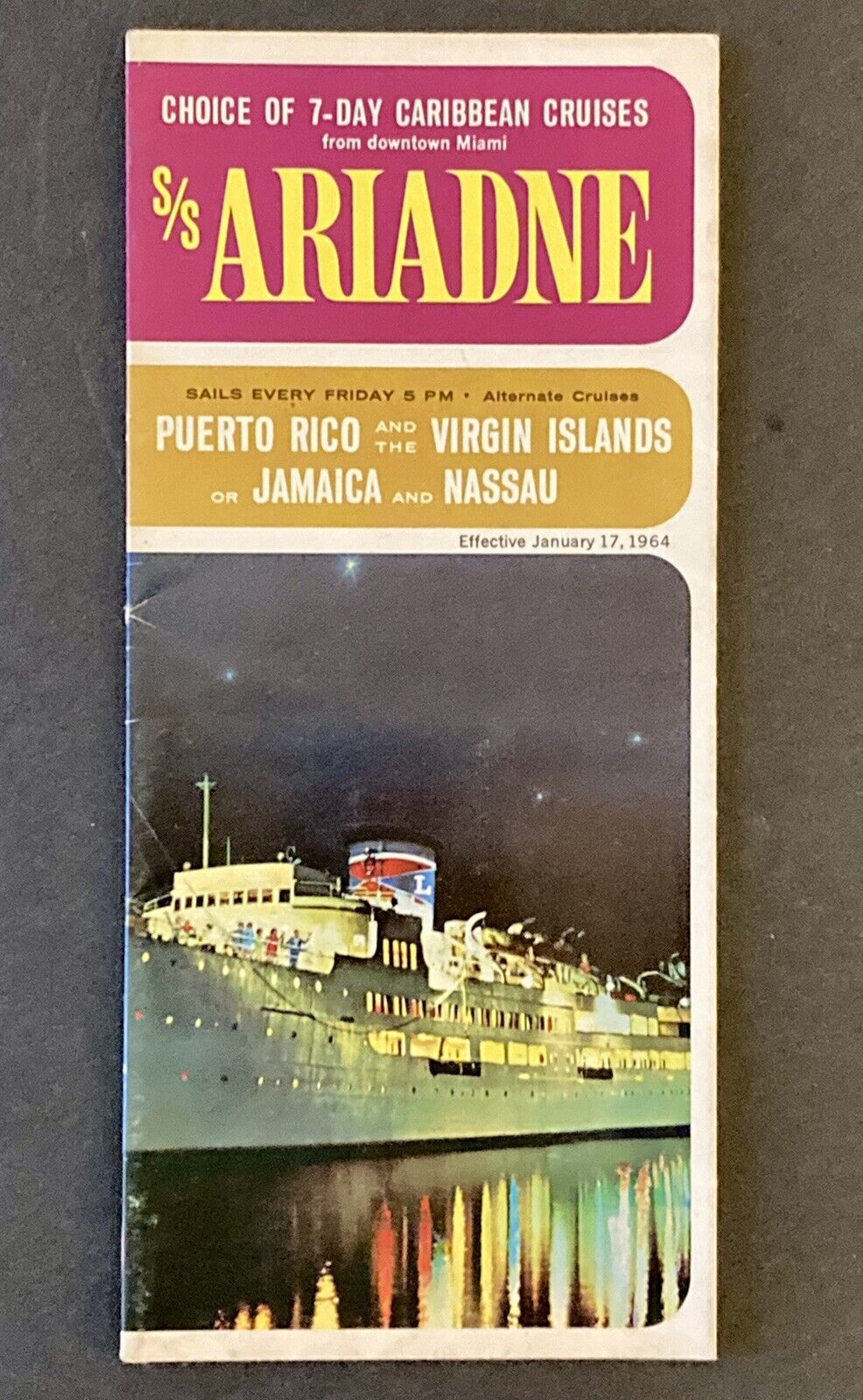 Vintage 1964 S/S Ariadne Travel Fold-Out Brochure Cruises From FL To Caribbean