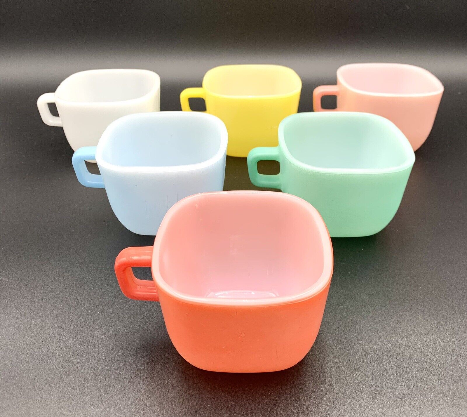 6 Vintage 1960s Glasbake/Jeanette Glass Pastel Milk Glass Lipton Soup Mugs