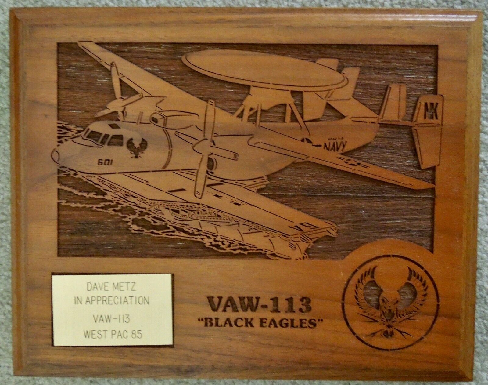 VTG 1985 US Navy VAW-113 Black Eagles Squadron Brass on Laser-Etched Wood Plaque