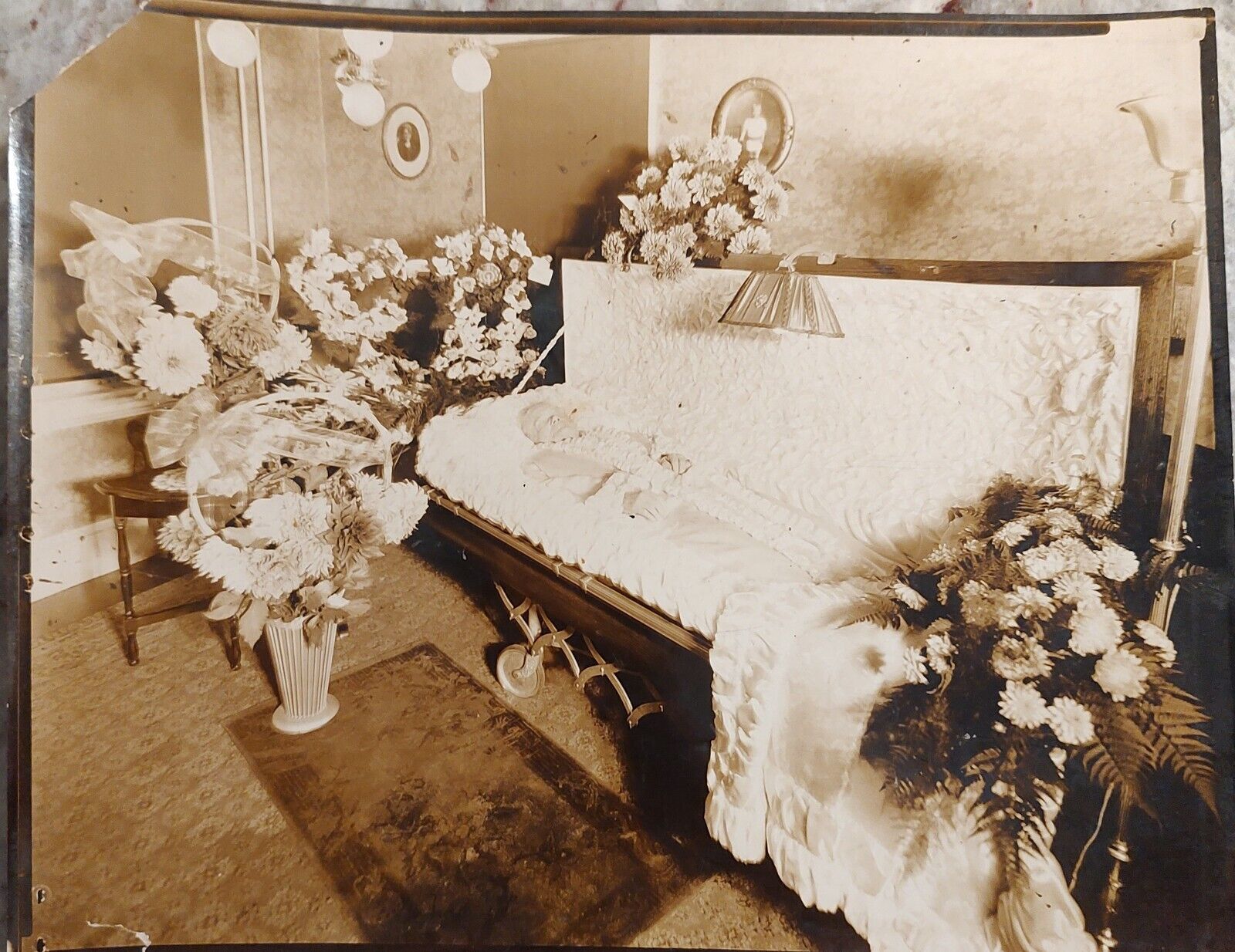 Vintage Original Photo Open Casket Funeral Post Mortem Woman Home c1920s 8x10