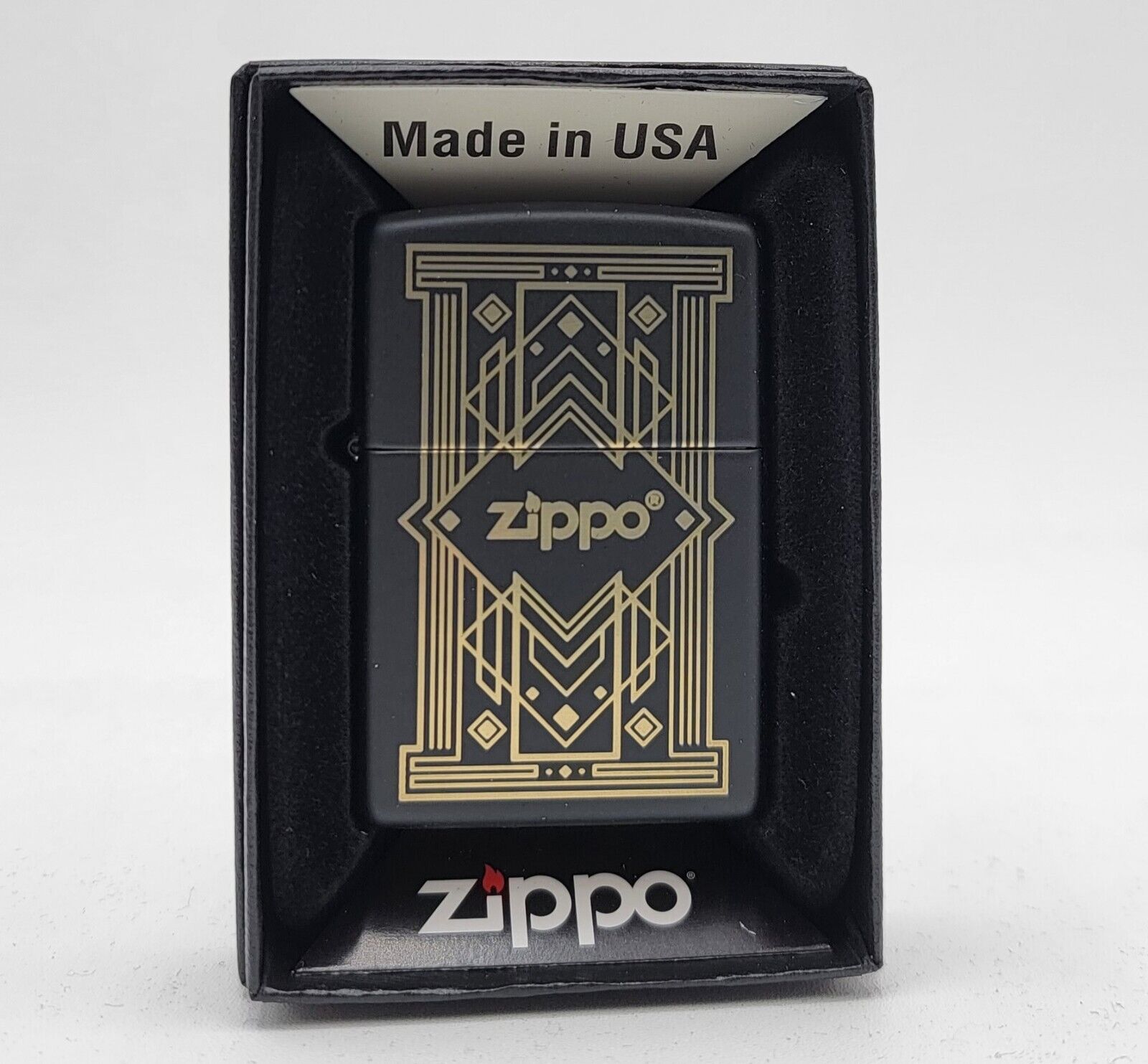 Zippo Lighter - Black Matte & Gold Print - New In Box