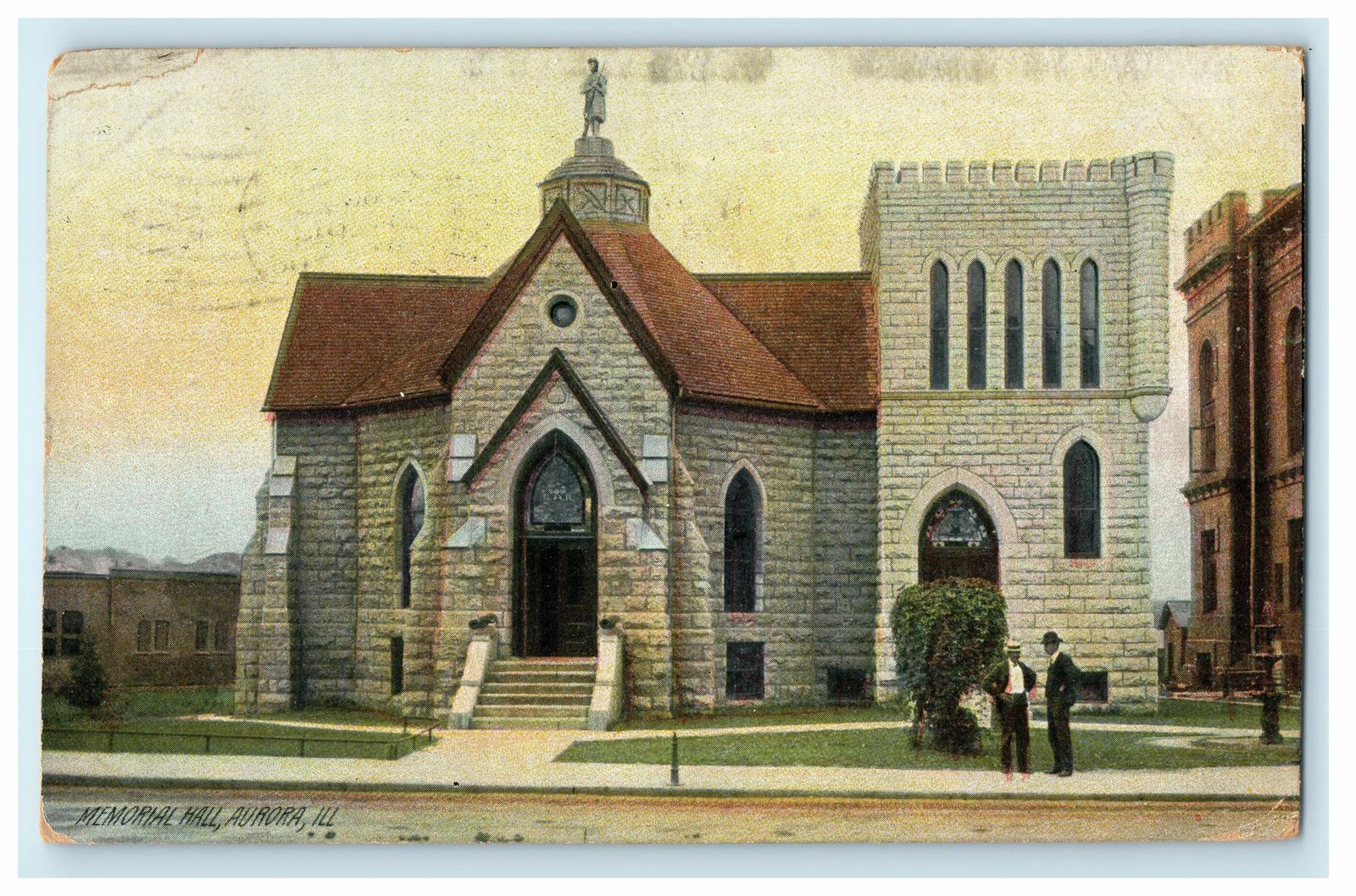 1908 Two Men Talking Outside Memorial Hall, Aurora Illinois IL Antique Postcard