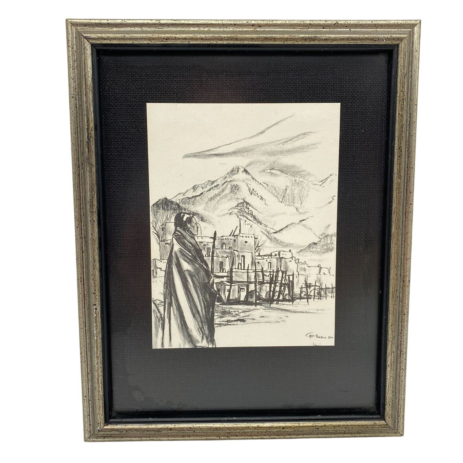 Taos Pueblo New Mexico charcoal pencil drawing framed southwest Native Indigenou