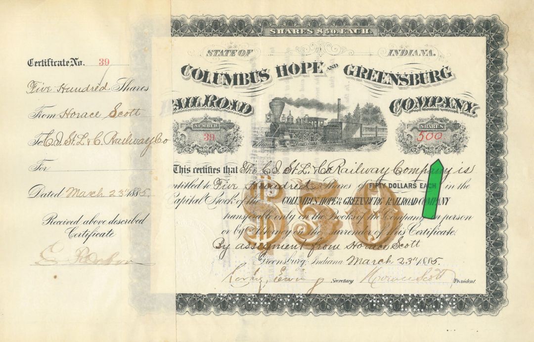 Columbus Hope and Greensburg Railroad Co. - High Number of Shares - 1885 dated R