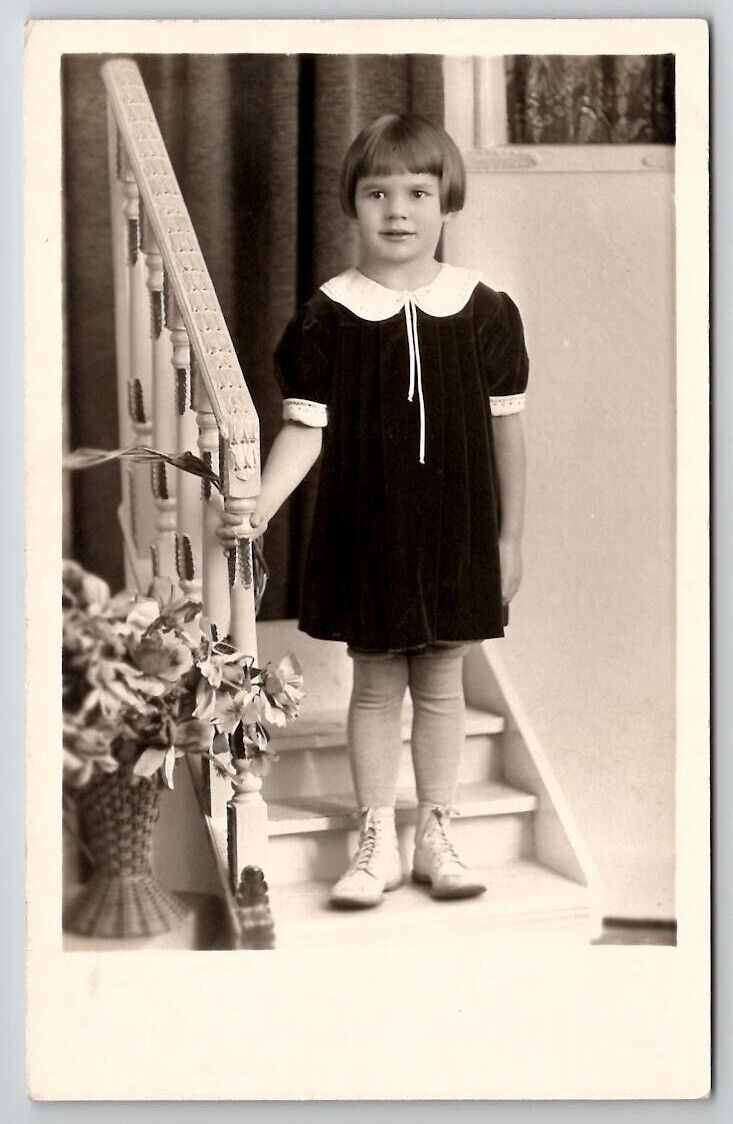 RPPC Cutest Little Girl Portrait On Studio Prop Stairs c1930 Photo Postcard K25