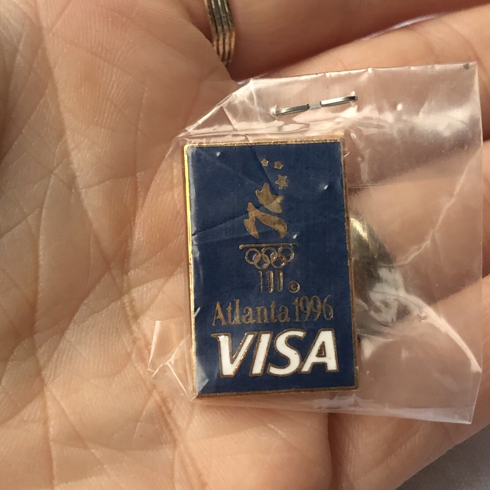 Atlanta Olympics 1996 blue gold and white visa enamel pin