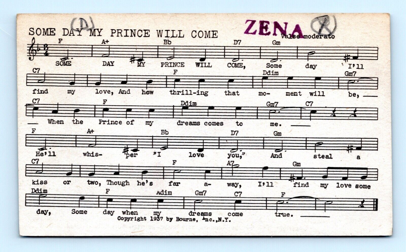 1945 Some Day My Prince Will Come Disney Snow White Tune-Dex Rights Info Card M5