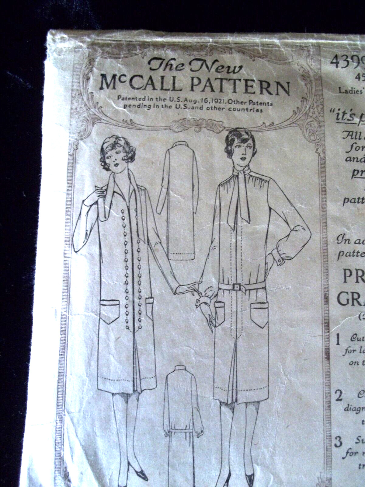 Antique  McCalls 1920\'s Dress Tie Tab Front Pattern Women\'s Bust 38 Sew Pattern