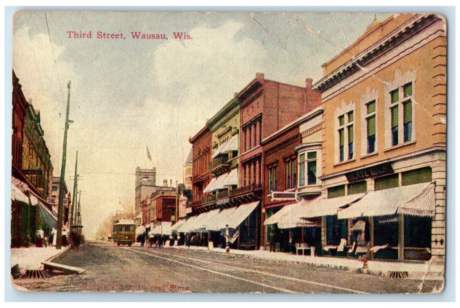 c1910 Third Street Streetcar Buildings Wausau Wisconsin Vintage Antique Postcard