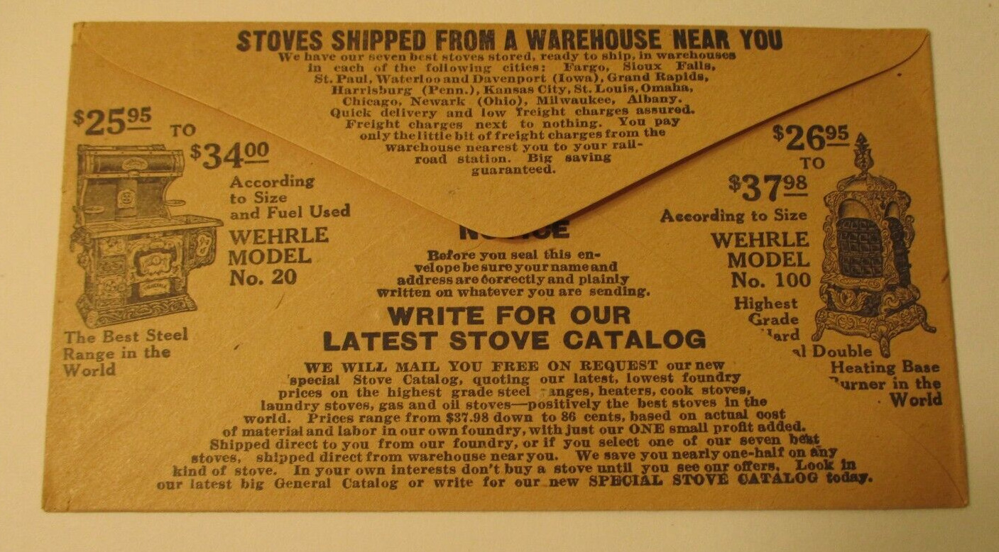 c 1911 Empty Advertising Envelope SEARS ROEBUCK & CO. Stove Range WEHRLE