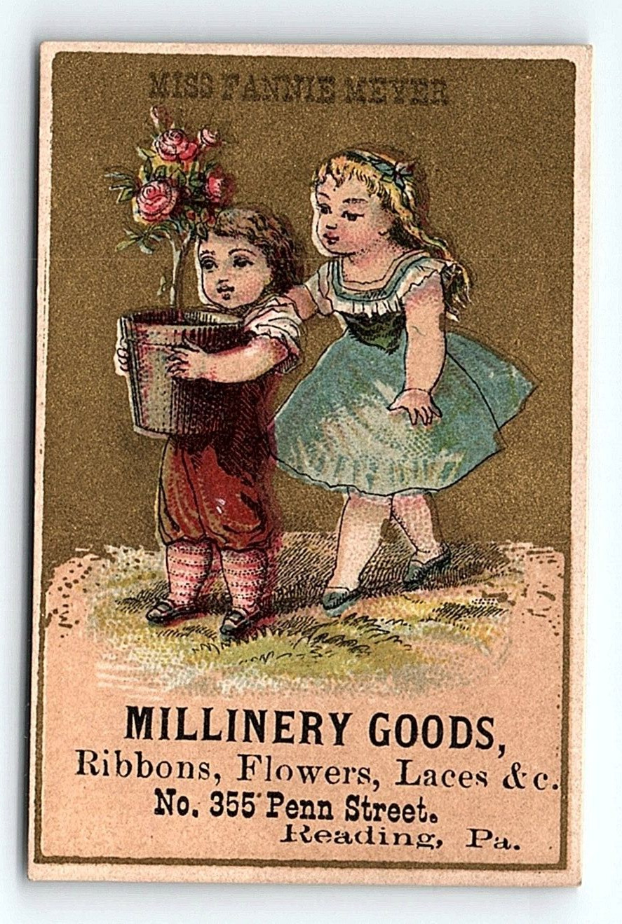c1880 READING PA MISS FANNIE MEYER MILLINERY GOODS VICTORIAN TRADE CARD P128