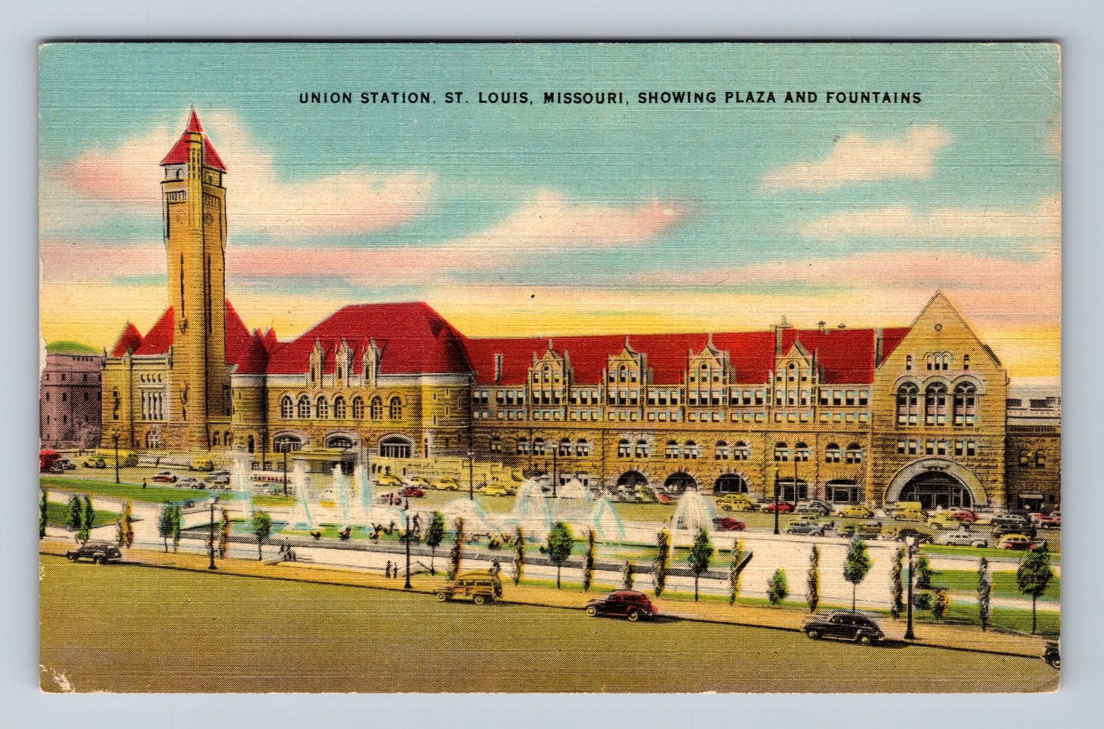 St Louis MO-Missouri, Plaza & Fountain at Union Station, Vintage Postcard