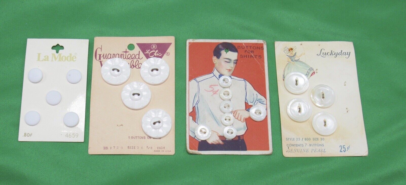 Set Of 4 Vintage White Buttons On Original Cards Fun Graphics