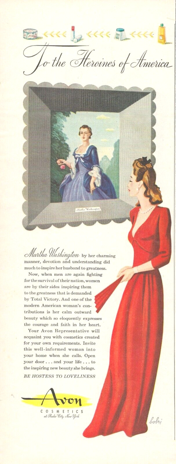 1943 WWII AVON cosmetics art PRINT AD ladies beauty contributes to war effort