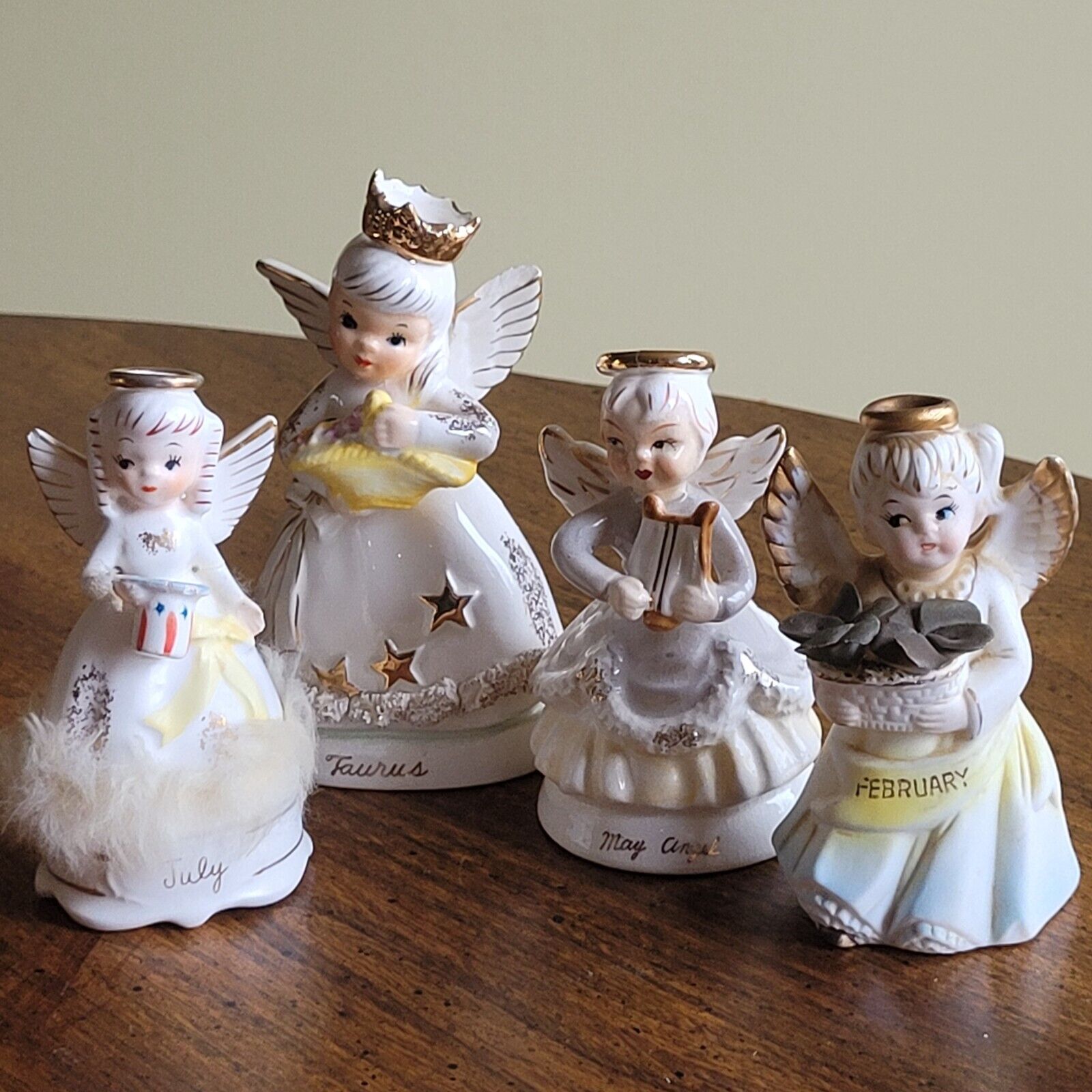 4 Vintage Birthday Angels, Taurus, May, July, February / ALL DAMAGED, REPAIRS