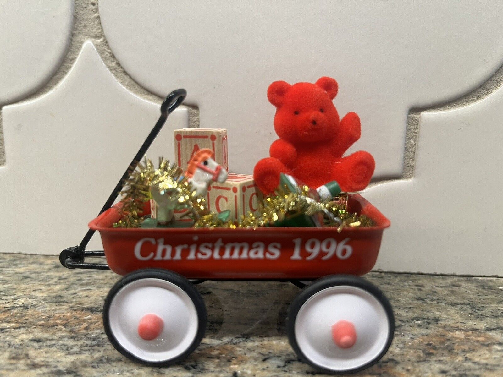 VTG 1996 Figi\'s Red Wagon with Toys Flocked Bear Christmas Ornament