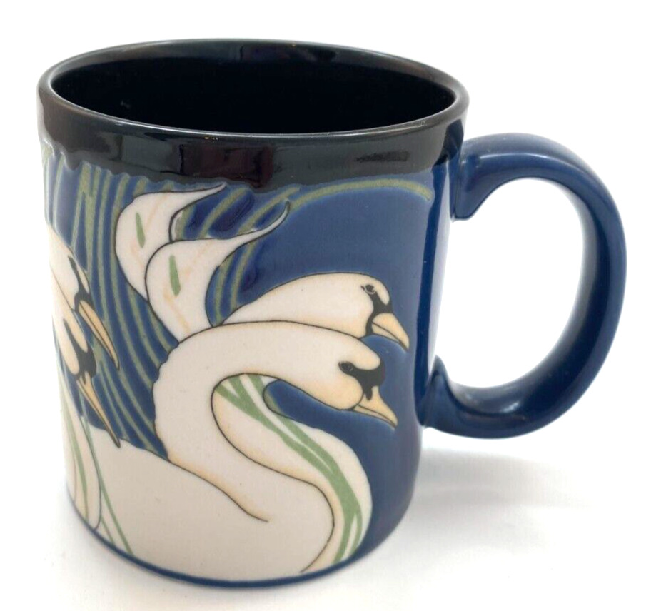 Vintage Otagiri Mug Blue Stoneware Textured Swans Cala Lily