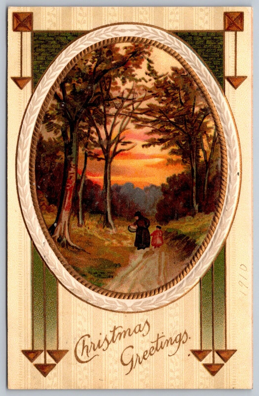 1910 Vintage Christmas Greetings Embossed Postcard with Woman Child Walking