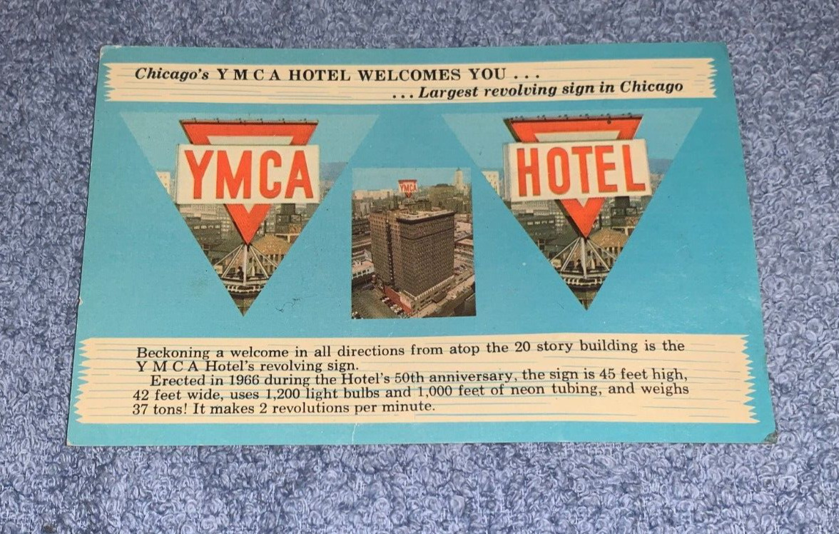 YMCA HOTEL CHICAGO ILLINOIS LARGEST REVOLVING SIGN POSTCARD