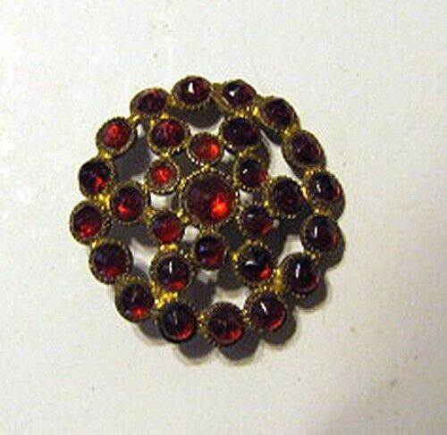 Large  Antique Glass Rhinestone Button  Victorian  Red with Gold Tone Setting