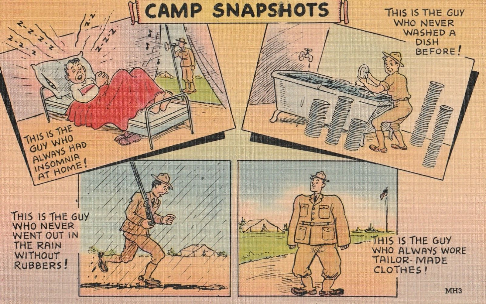 Vintage WW2 Postcard Army Camp Snapshots Comedy Military Art Unposted