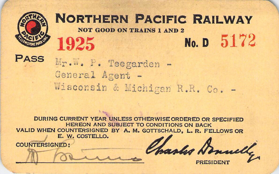 NORTHERN PACIFIC 1925  RAILROAD RAILWAY RWY RY RR PASS