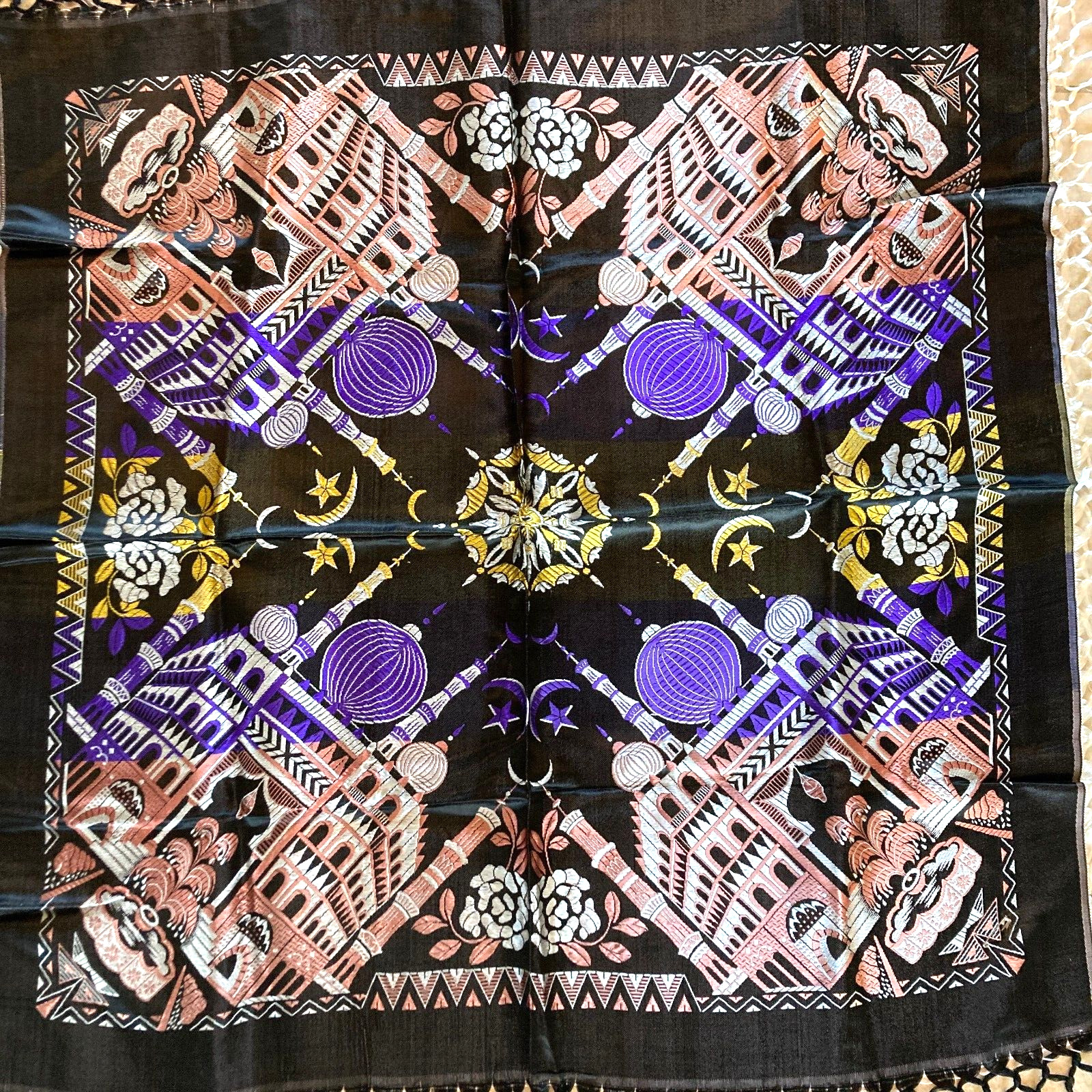 Vintage WWll Taj Mahal Silk Piano Shawl Scarf Tablecloth Black Purple Excellent