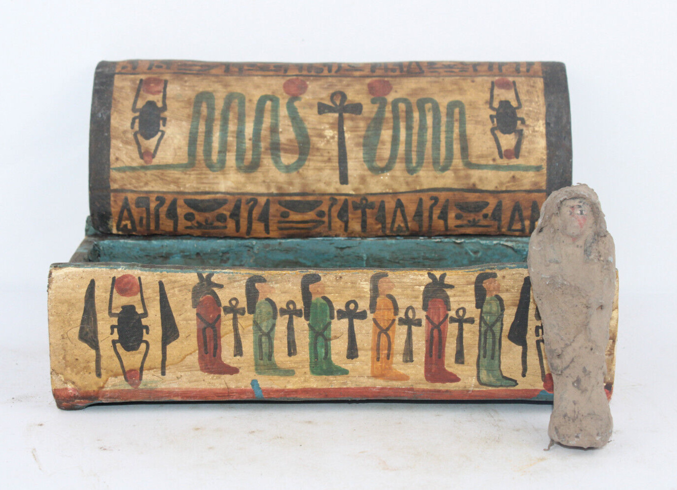 ANCIENT EGYPTIAN ANTIQUE USHABTI WOODEN BOX Horus Sons with Key Life (A+)