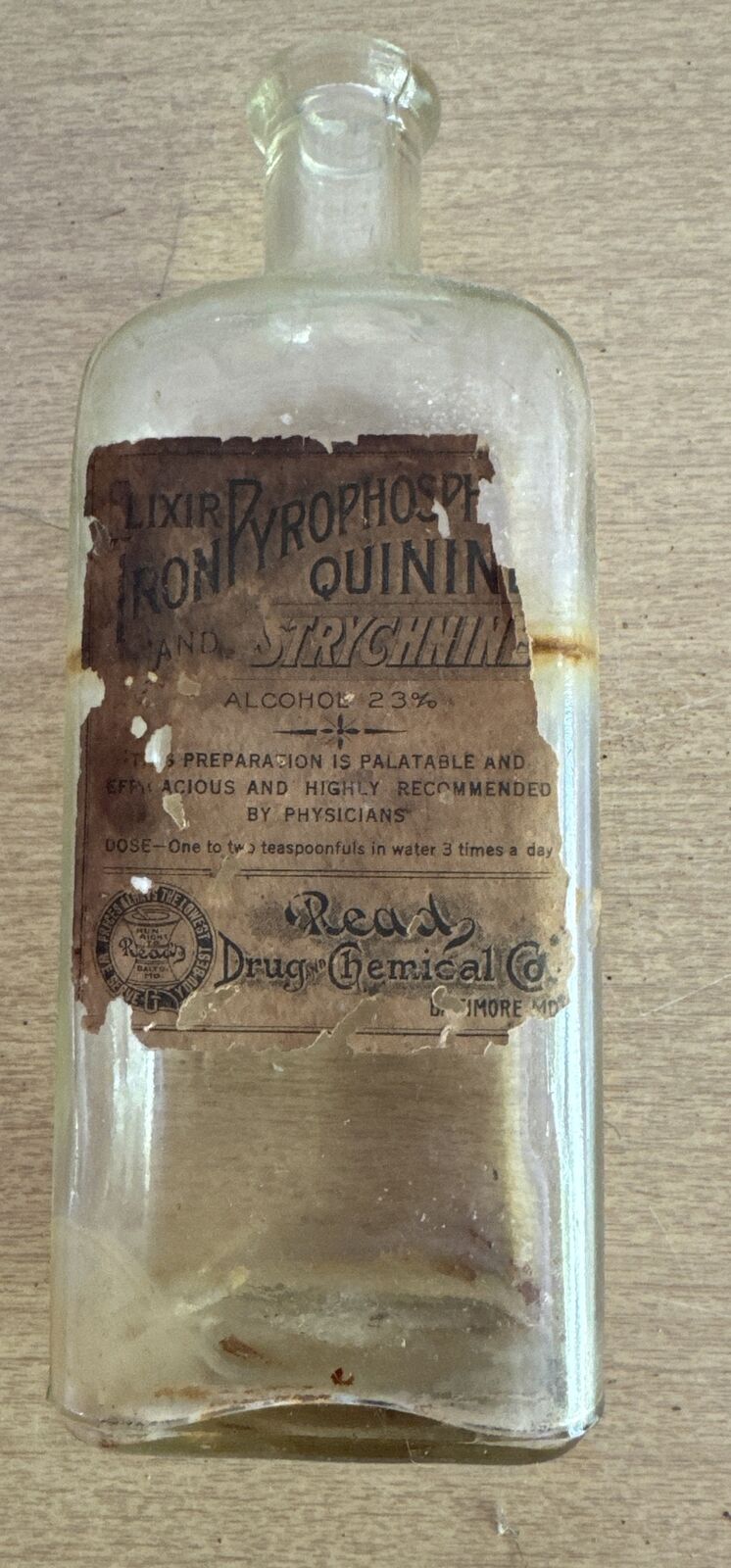Antique READ DRUG & CHEMICAL Co.-BALTIMORE, MD. Empty Elixir Bottle Orig Label