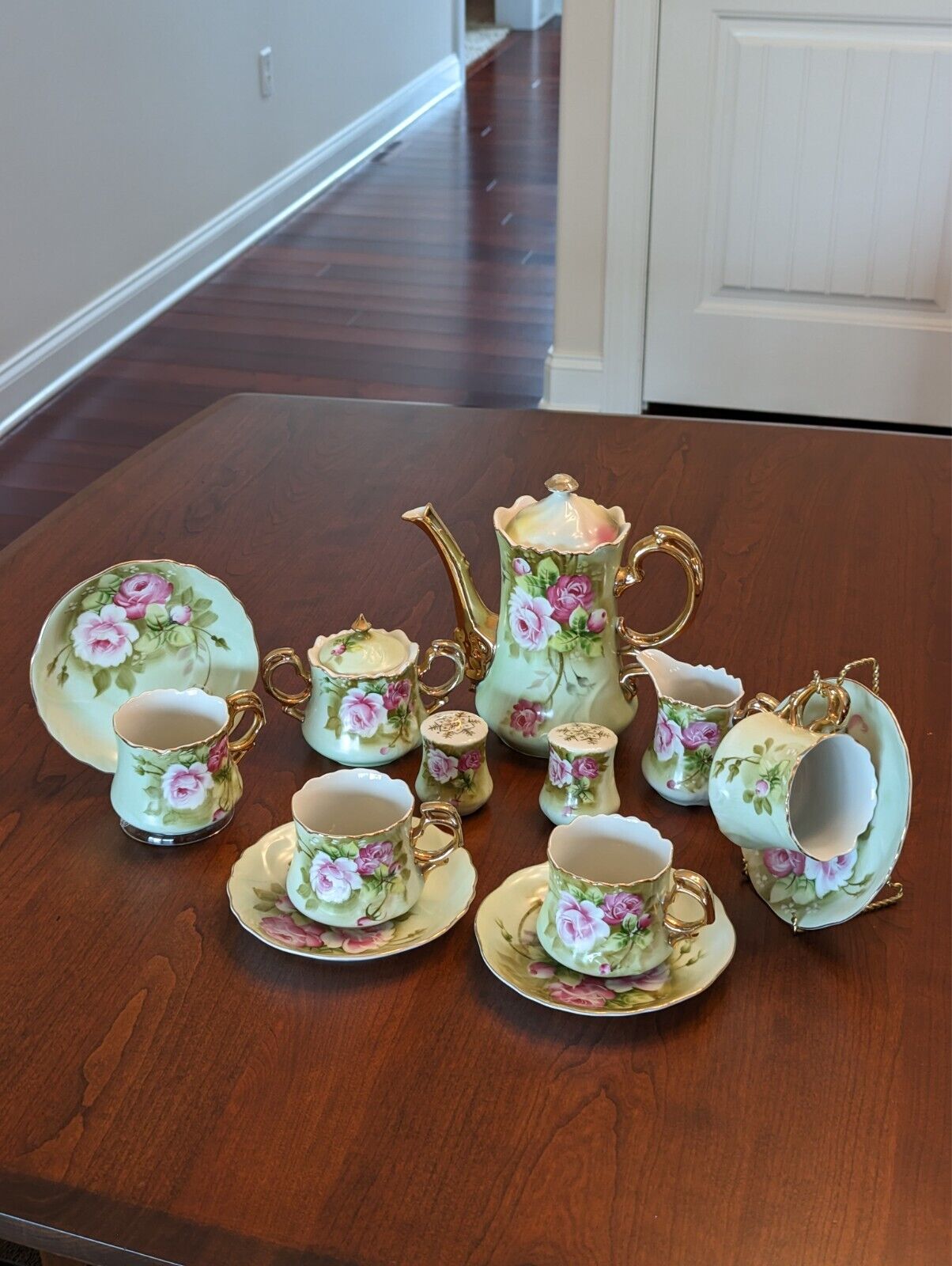 Vintage Lefton Full Tea Set -  Heritage Rose Green Pnk - never used