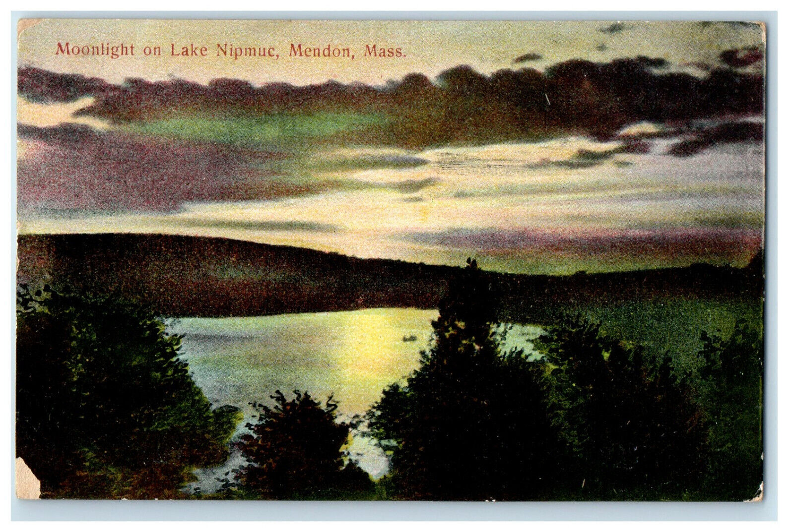 1908 Moonlight on Lake Nipmuc Mendon Massachusetts MA Antique Postcard