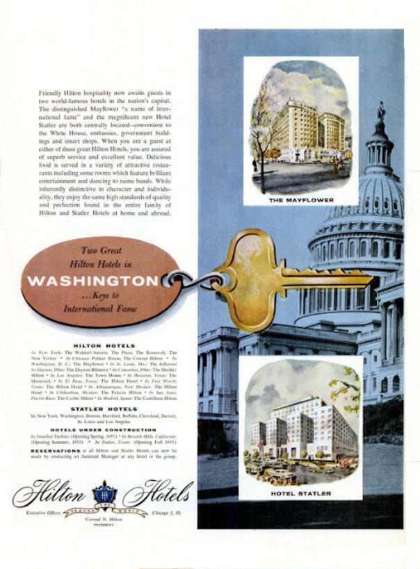 1955 Hilton Hotels PRINT AD Washington DC The Mayflower - Hotel Statler/Capitol