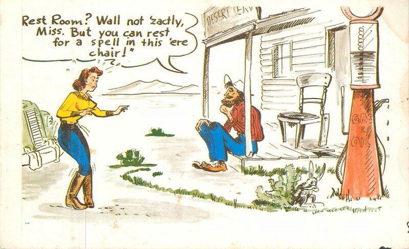 1950s Gas Station restroom Comic humor Laughable Sales Postcard 22-7886