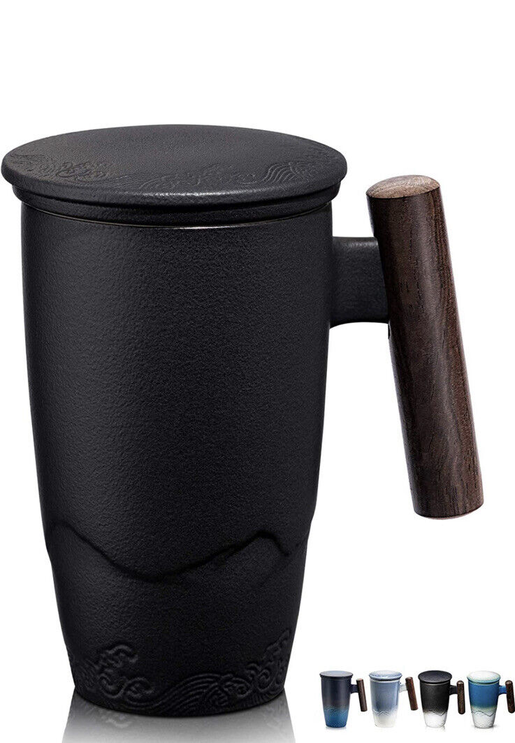 Suyika Tomotime Ceramic Tea Cup w. Infuser and Lid Tea Mugs Wooden Handle 400ml