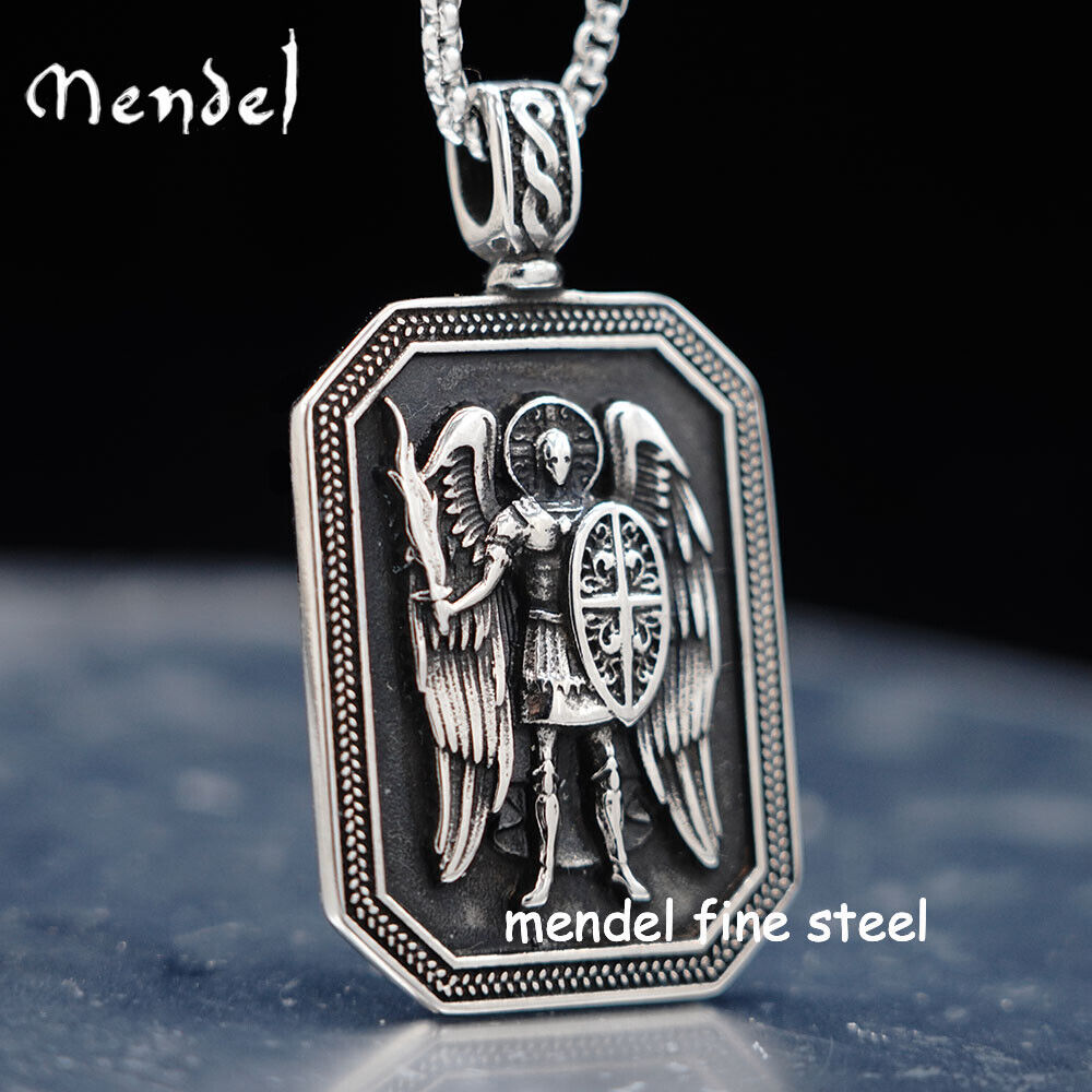 MENDEL Saint St Michael Archangel Medal Shield Pendant Necklace Stainless Steel