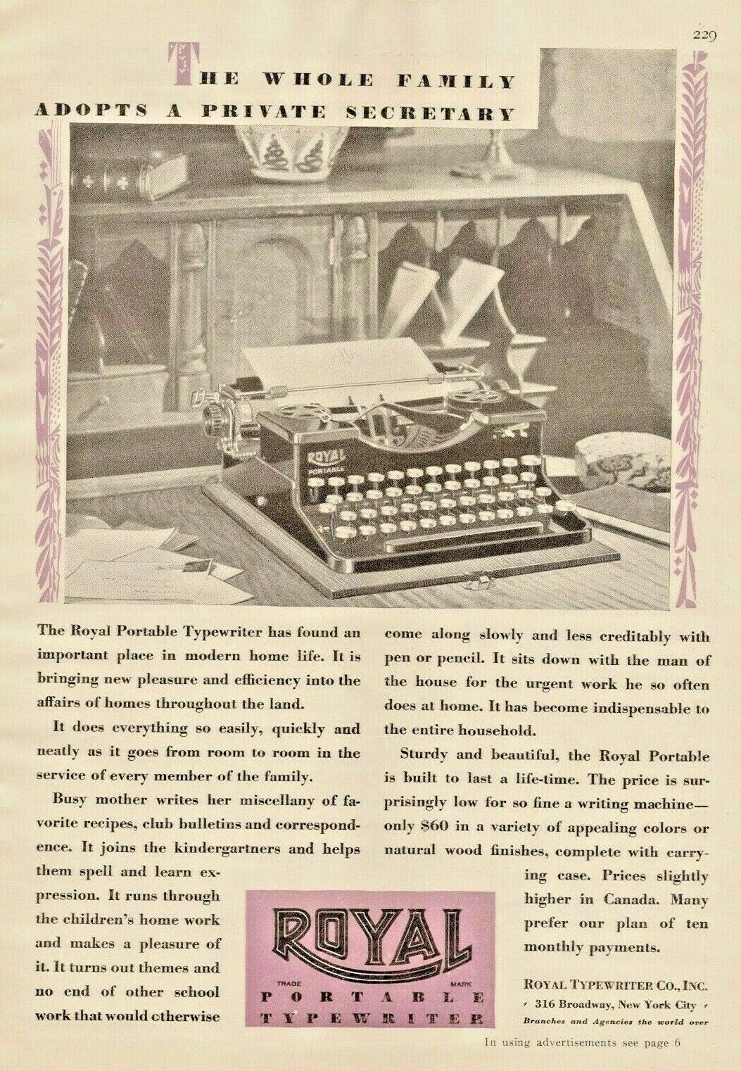 1928 Royal Typewriter Vintage Print Ad Whole Family Adopts A Private Secretary 
