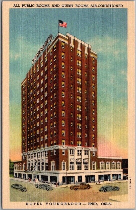 1937 ENID, Oklahoma Postcard HOTEL YOUNGBLOOD Street View Curteich Linen Unused
