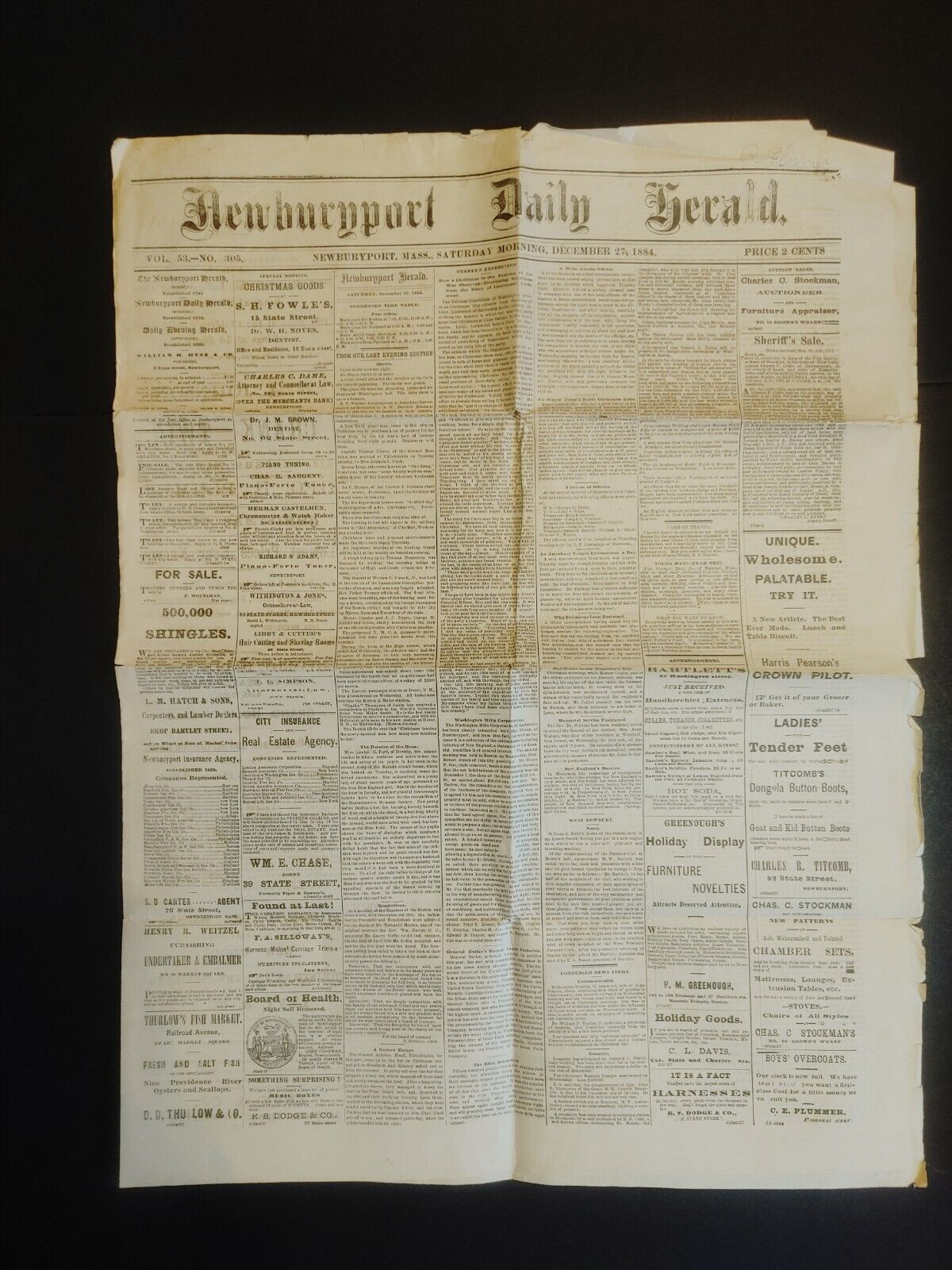 DECEMBER 27, 1884 NEWBURYPORT DAILY HERALD NEWSPAPER MASSACHUSETTS