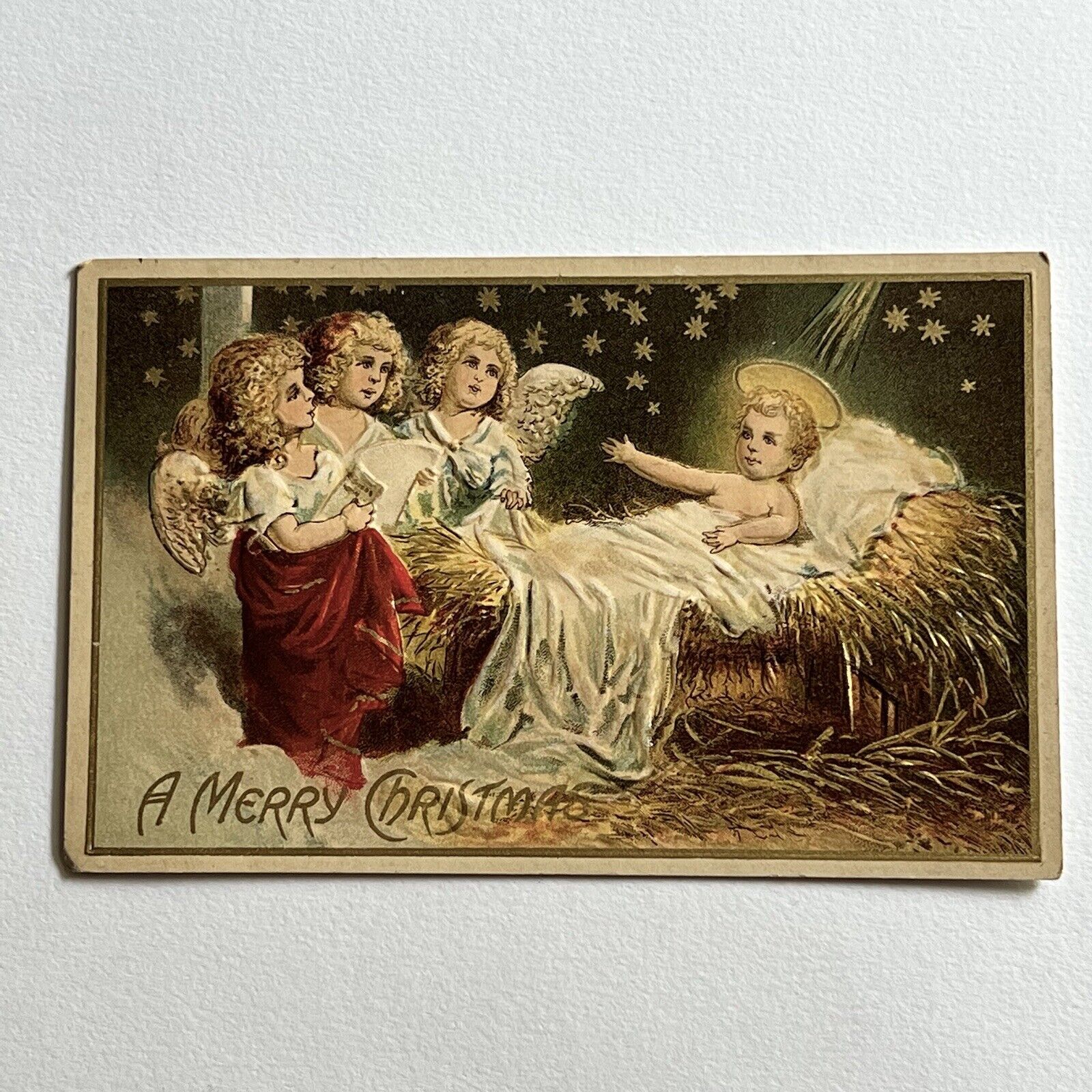 Antique Embossed Beautiful Merry Christmas Postcard Baby Jesus Angels Manger