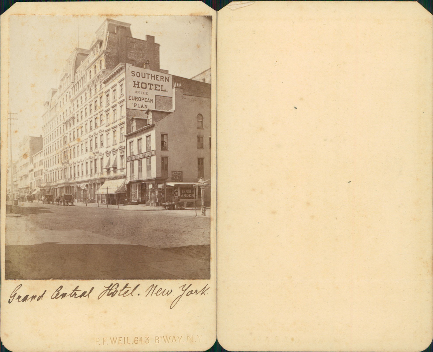 Vintage Grand Central Hotel New York CDV Albumen Business Card, CDV, Print