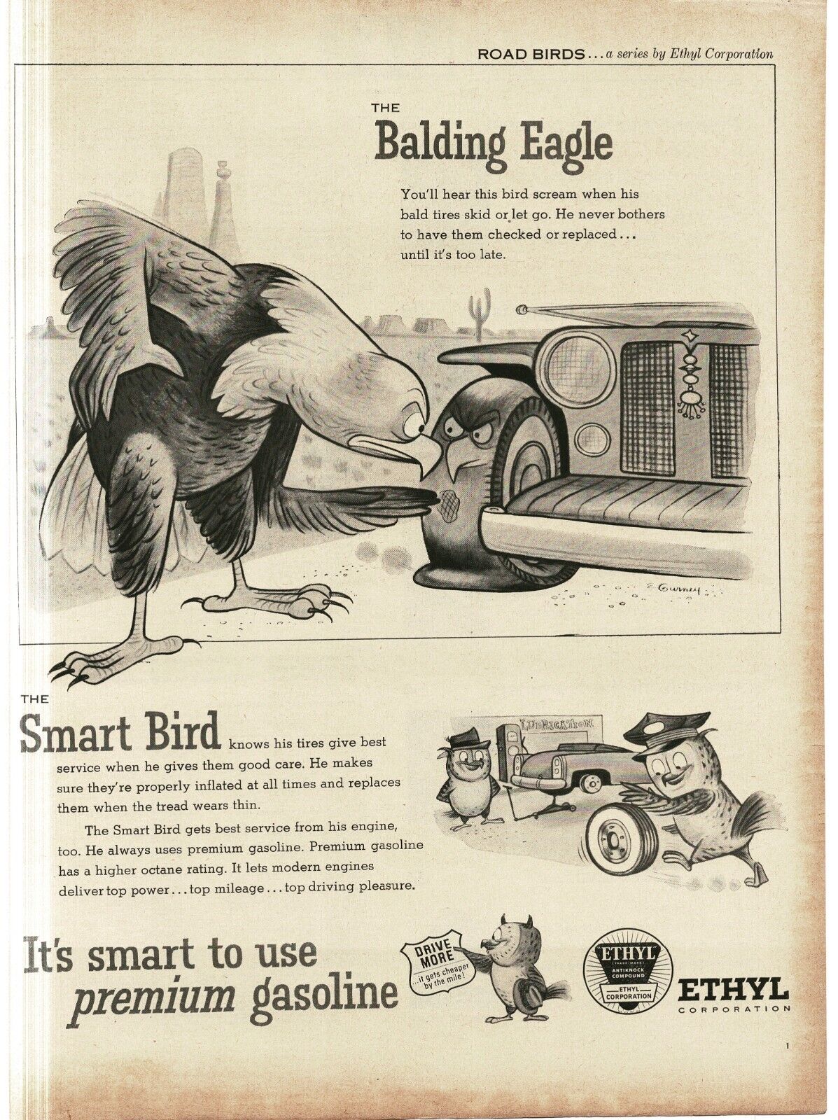 1956 Ethyl Corp Gas Co. Ad road birds Balding Eagle comic art Eric Gurney