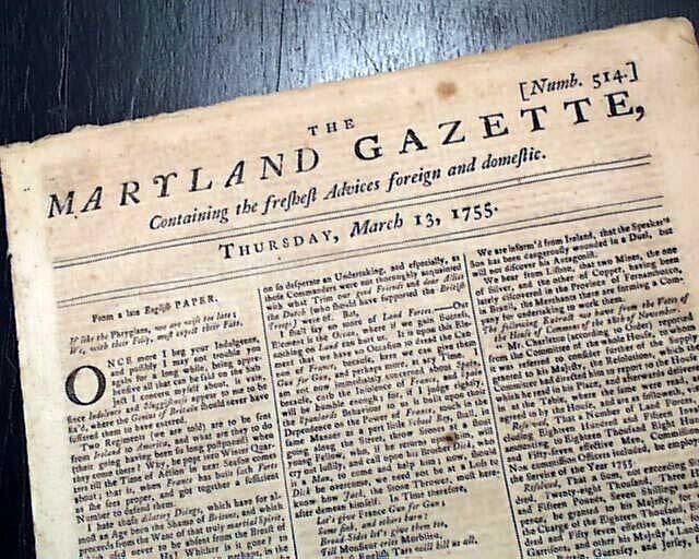Very RARE Early French & Indian War Era ANNAPOLIS MD Maryland 1755 old Newspaper