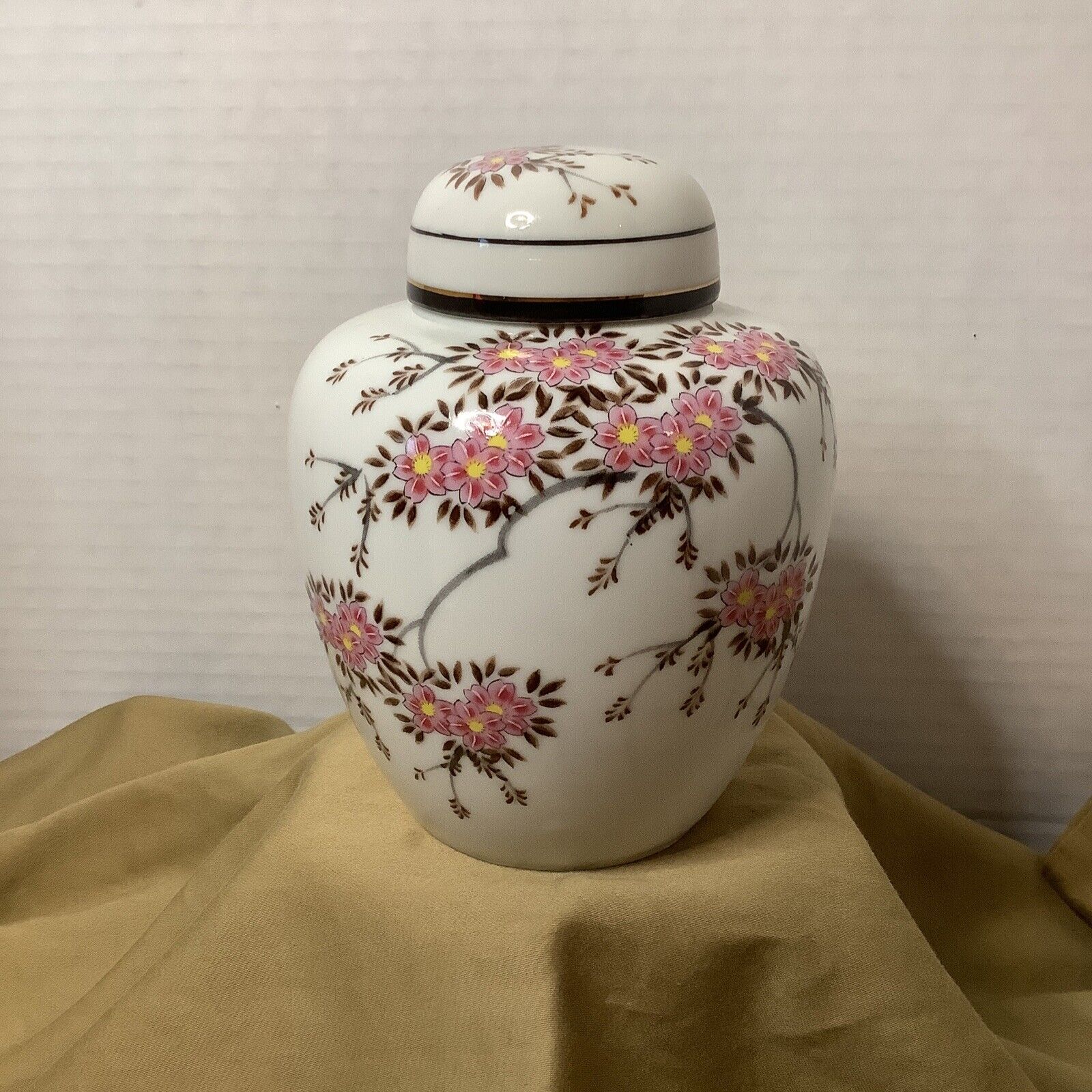 Vintage Ginger Jar Handpainted Japenese Pink Cherry Blossoms 5” Tall